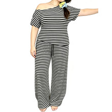 (XXL, Black) Women's 2 Piece Outfits Plus Size Casual Striped Print Off One Shoulder Short Sleeve Tops and Wide Leg Pants Set