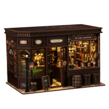 (Dark Brown) 3D Wooden Puzzle Model Old Tavern 327 Pieces DIY Creative Kit LED Light Dark Brown Family Gift Relaxing Craft