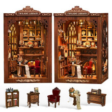 (356) Zinkoo Twilight Library 3D Puzzle Book Nook DIY Kit, Wooden House with Realistic Details, Ambient LED Lights, 194 Pieces, 18x12x11 cm