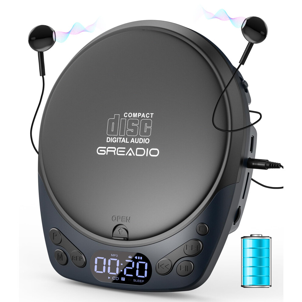 Greadio New 2026 Portable Cd Player With Headphones, Rechargeable Discman Cd Players For Home & Car, Small Cd Player With Anti-Skip, Supports Cd/Mp3/ 5006277506073