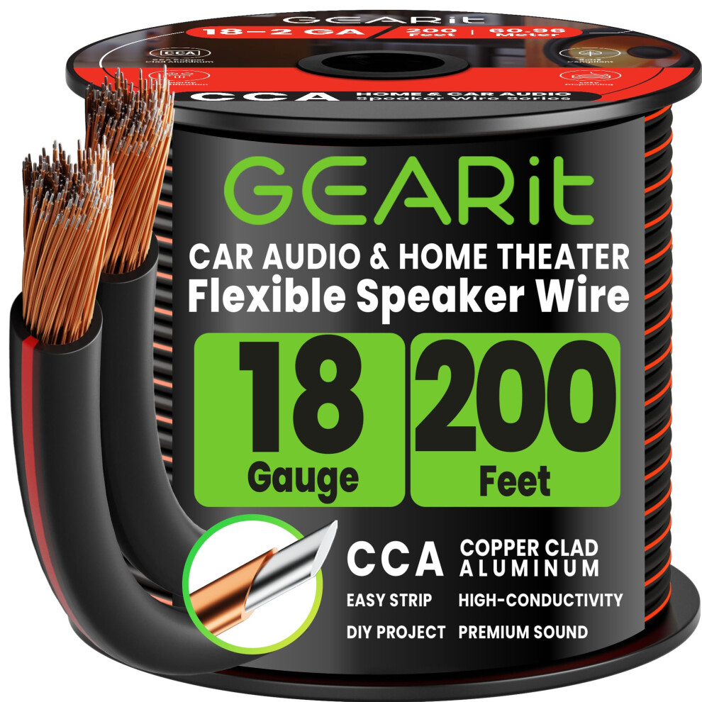 Gearit 18 Gauge Speaker Cable 200Ft / 60.96M, Flexible 2X1mmâ² Speaker Wire With Polarity Markings, 18Awg Cca Audio Cable For In-Wall Home Cinema, Car 5001146095412