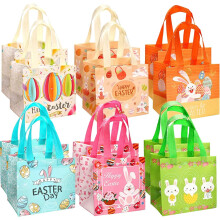 Sacs Cadeaux de Pâques en Tissu Lot de 12 Pièces 20x15x21 cm 6 Motifs Réutilisables pour Chasse aux Œufs et Chocolats