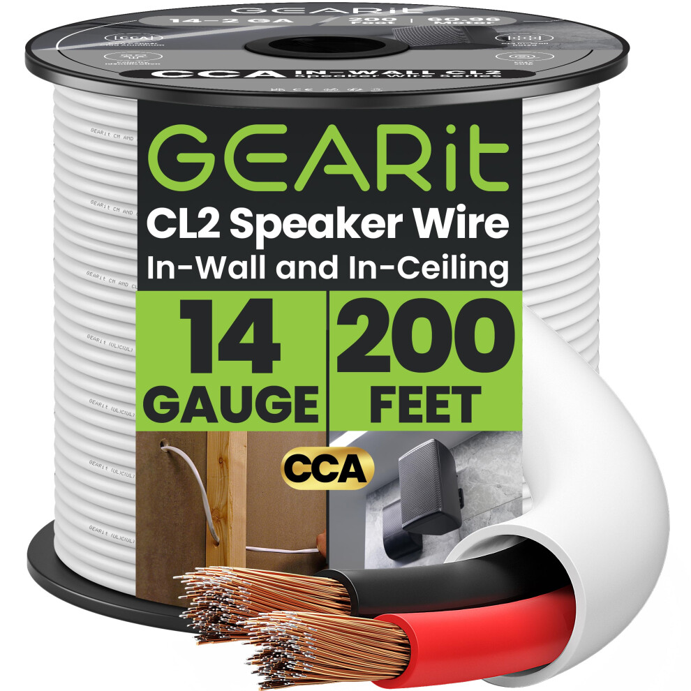 Gearit 14 Gauge Speaker Cable, Cl2 Rated 14 Gauge Wire 200Ft, Audio Cable With Color Coded, Hifi Speaker Wire For In-Wall Home Cinema, Car Red/Black 5004824809141