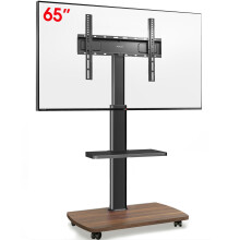 AOKCOS Mobile TV Stand on Wheels with Wooden Base and Shelf for 32-65 inch TVs, TV Floor Stand Height Adjustable Swivel Tlit, up to 40 kg max. VESA 4