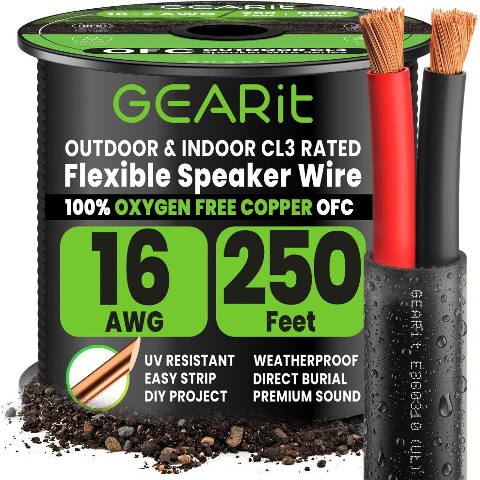 Gearit Outdoor Speaker Wire Ofc 2X1.5mm (76.2 Meters - ) Oxygen-Free Copper - Hi-Fi Audio Cable For Direct Burial In Ground/In-Wall / Cl3 Cl2 Black 5002926163970