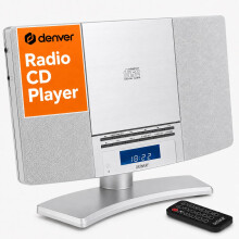 Denver Radio CD Player With Speakers, Wall Mounted or Desktop Stand Small Mains Operated Alarm Clock Radio Boombox Home Audio CD Player with Remote C