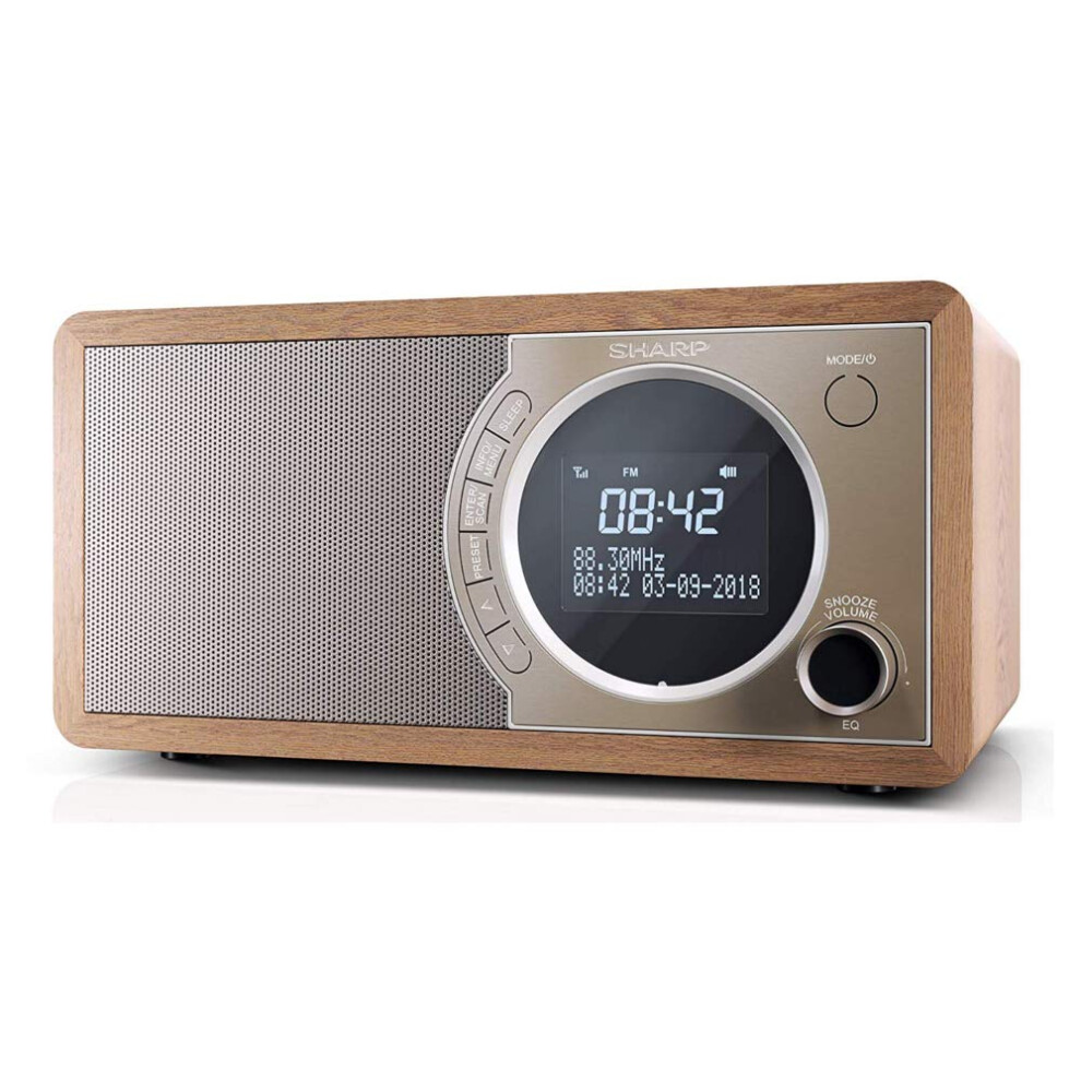Sharp Dr-450(Br) Digital Radio With Dab/Dab+/Fm, Bluetooth 4.2, 20 Station Presets, Alarm & Snooze, Wooden Speaker Housing, And Lcd Display - In Brow 5006192770344