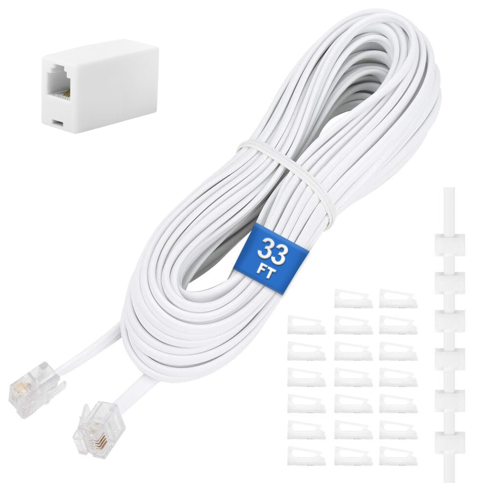 Uvital Phone Extension Cord 33 Ft, 10M Telephone Cable With Standard Rj11 Plug And 1 In-Line Couplers And 20 Cable Clip Holders, White 5009254351277