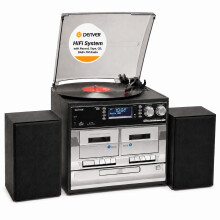 Denver HiFi System, All-in-One Stereo Music Centre with Record Player Turntable, CD & Cassette Player, DAB/DAB+ Radio, USB Recording, SD Card Reader