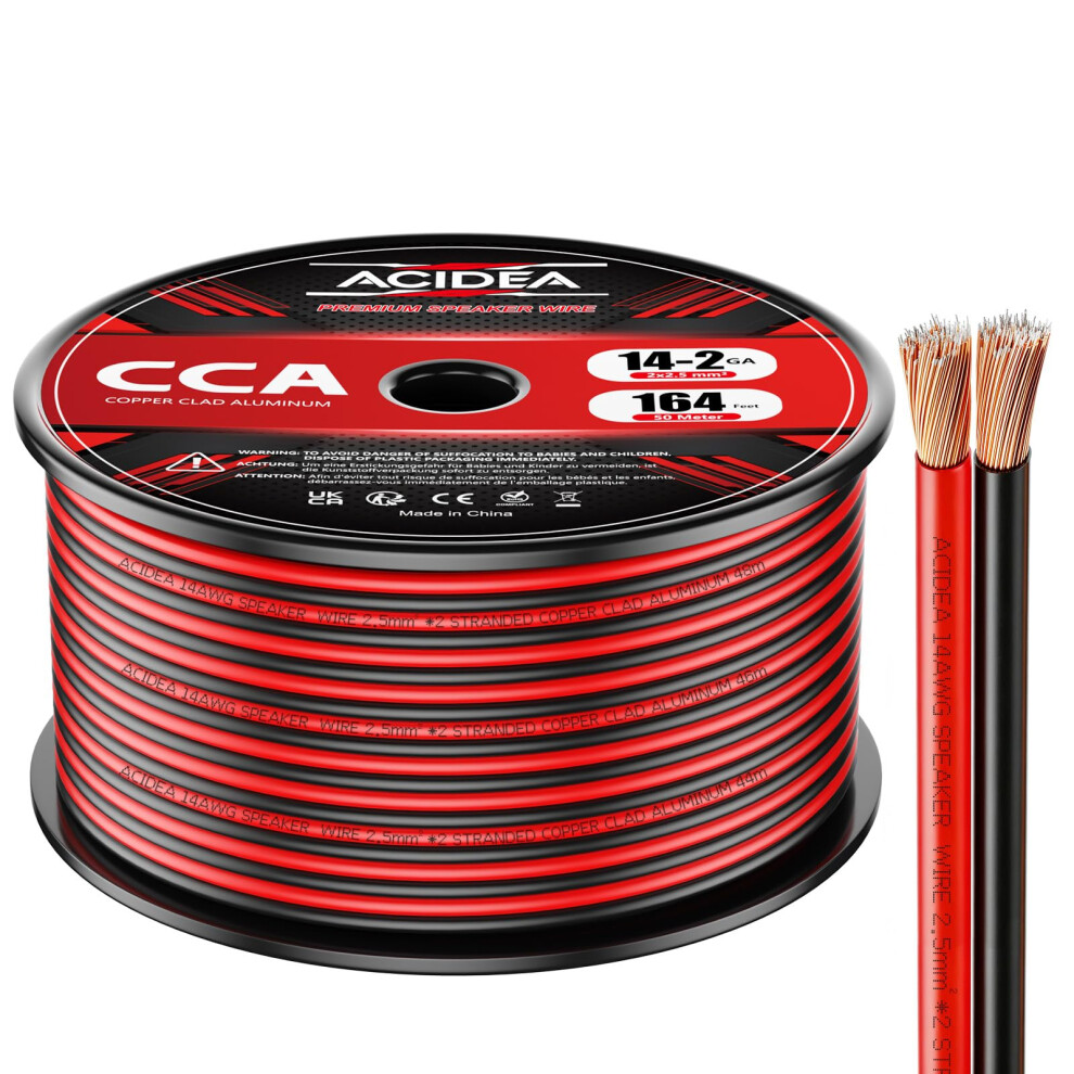 Acidea Speaker Cable, 50M 2X2.5mmâ² Cca Speaker Wire, 14 Gauge Audio Cables For Home Theater And Car Speakers, Copper Clad Aluminum () Red/Black 5005534287298