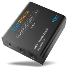 BlueRigger Digital Optical Audio Splitter 1x5 (Active Toslink Splitter 1 in 5 Out, SPDIF, Fiber Optic Audio Adapter) - for Home Theatre, Xbox, PS5/ P