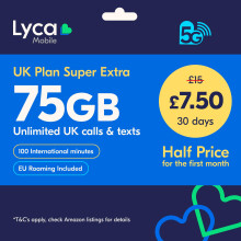 Lyca Mobile UK Prepaid SIM Card | UK Plan Super Extra | 75 GB Data | 5G Speed | 13.5 GB Roaming | 100 International Minutes | Unlimited UK Calls & Te