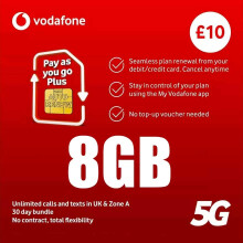 Vodafone Pay As You Go Plus SIM, 8GB Data, Unlimited UK Calls & Texts, 30 Days, 5G