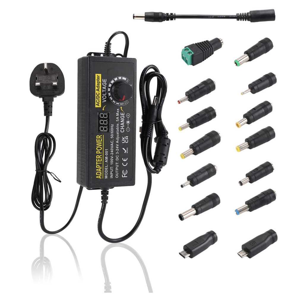 Adjustable Power Supply, 3V-24V 5A 120W Dc Variable Universal Ac/Dc Adapter 100V-240V Ac To Dc Converter With Multiple Converter Heads & Led Voltage 5003357482272