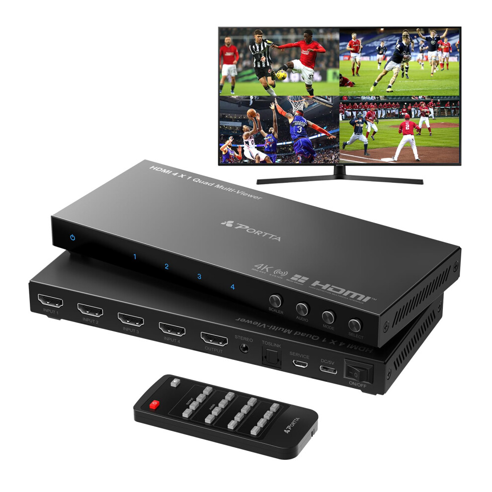 4K Hdmi Multiviewer Switch 4X1 With Pip, Portta Quad Multi Viewer Seamless Switcher 4 In 1 Out With Toslink, 3.5Mm Audio Output Support 4K 30Hz, 6 Vi 5000707524996