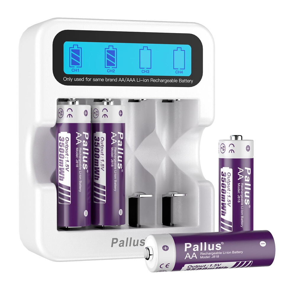 Pallus Rechargeable Aa Lithium Batteries, High Capacity 3500Mwh, 2H Fast Charging 4-Slot Lcd Charger, 1500+ Cycles 1.5V Aa Lithium Battery 5007989281722