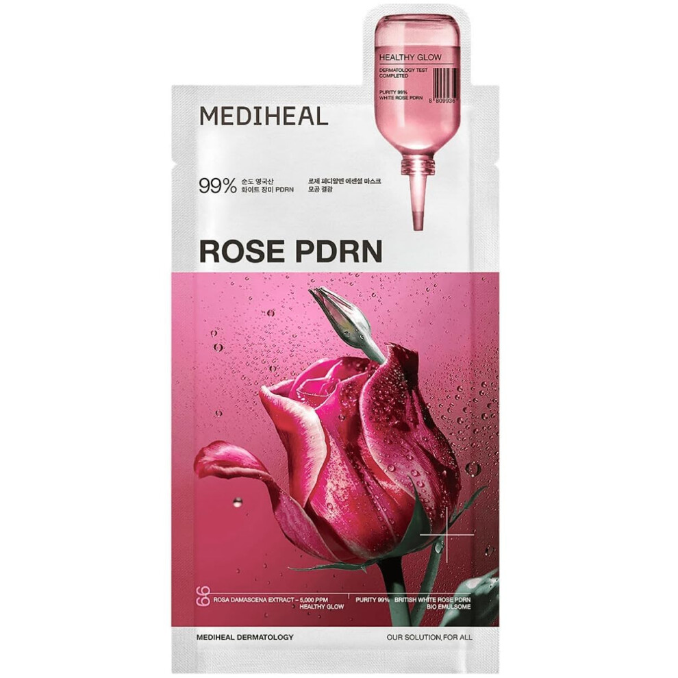 Mediheal Rose Pdrn Essential Sheet Mask (1 Sheet) Hydrating & Firming Korean Face Mask With 99% Pure White Rose Pdrn & Hyaluronic Acid, Moisture Barri