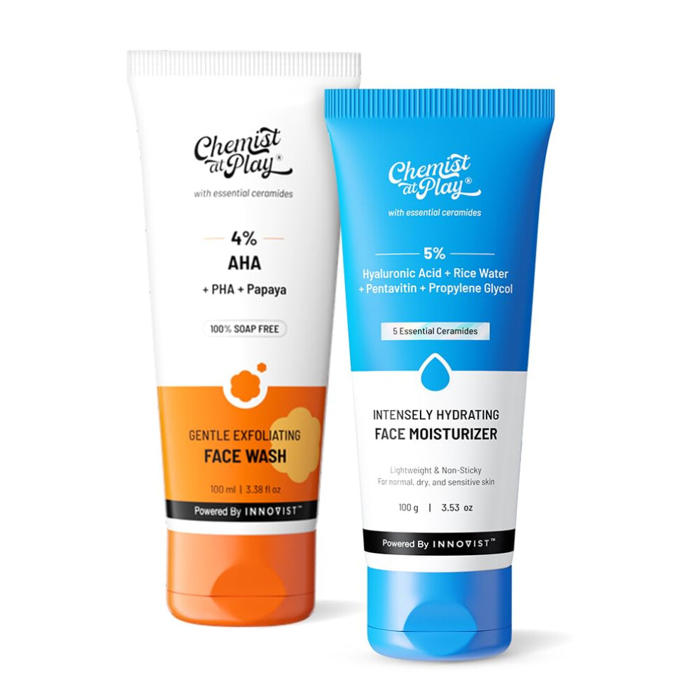 Chemist At Play Hydrating Face Moisturizer & Exfoliating Face Wash Combo | Lightweight, 24-Hour Hydration, Repairs Skin Barrier | Instant Glow & Exfol