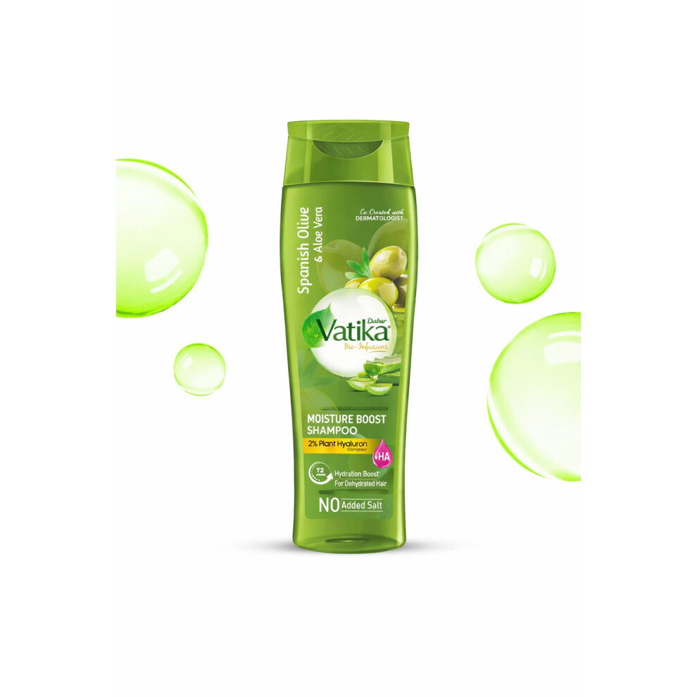 Dabur Vatika Bio-Infusions Moisture Boost Shampoo | Spanish Olive & Aloe Vera | 2% Plant Hyaluron + Hyaluronic Acid | 72 Hrs Hydration Boost | Deep Mo