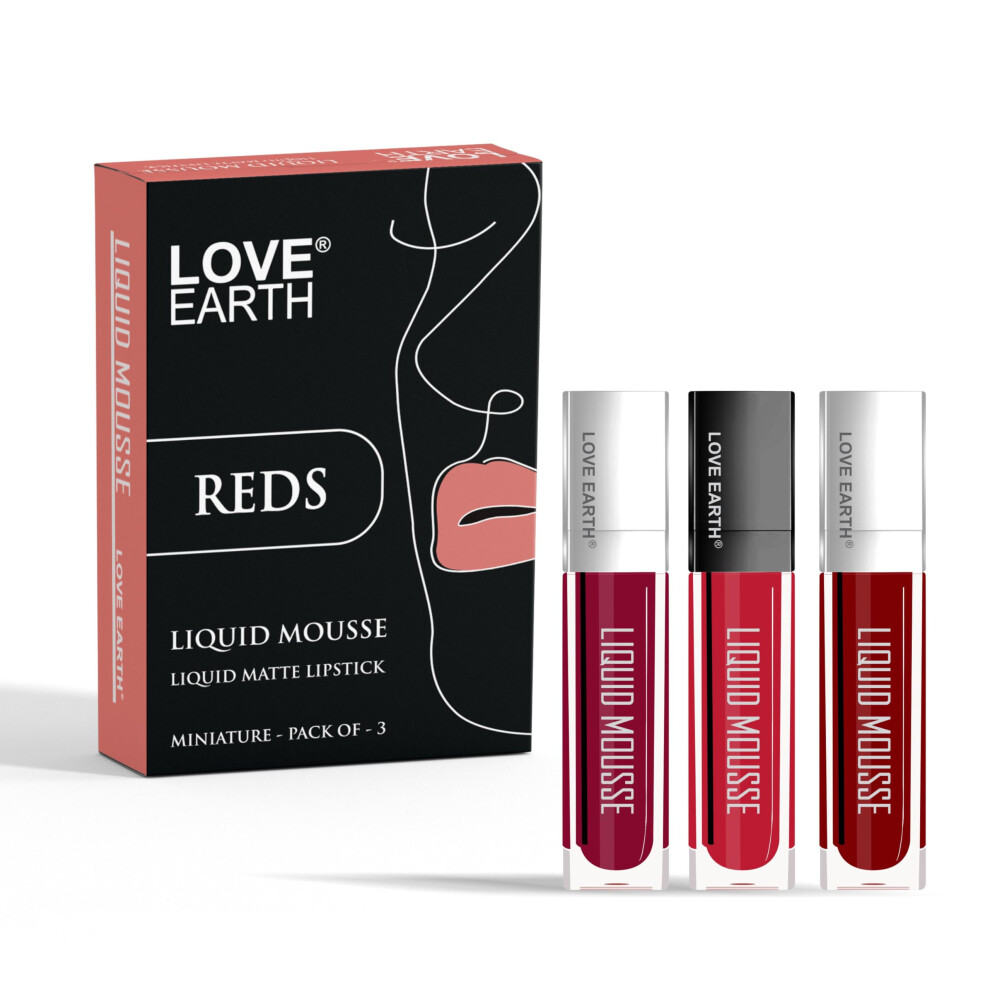 Love Earth Liquid Mousse Lipstick Reds Matte Finish Mini Combo Pack | Lightweight, Non-Sticky, Non-Drying,Transferproof, Waterproof Lipstick Set | (2M