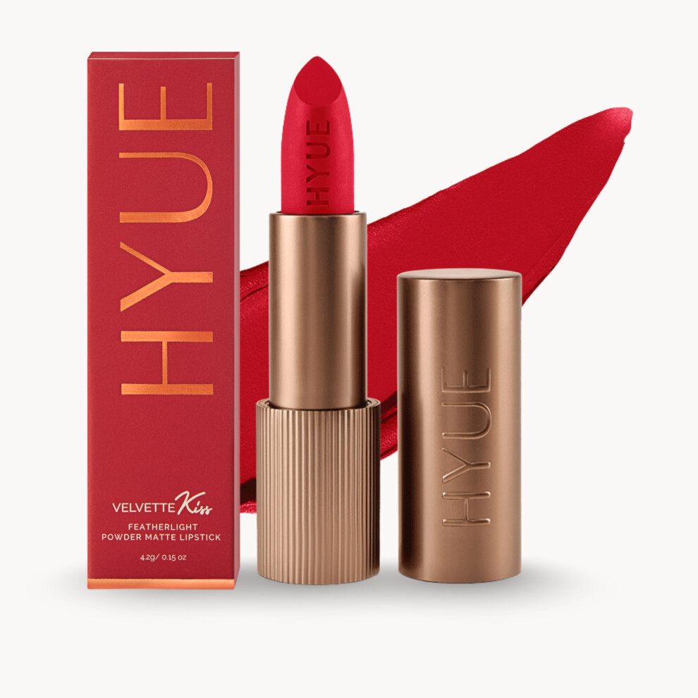 Hyue Velvette Kiss Matte Bullet Lipstick | Red Hot Riot | Feather Light & Powder Finish | Long-Wear Intense Color | With Jojoba, Almond & Gooseberry |