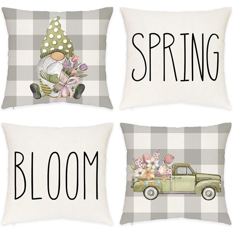 Semoic Spring Pillow Covers 18X18 Set Of 4, Plaid Spring Decorations Throw Pillow Cushion Case For Farmhouse Decor