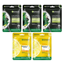 Garnier Skin Naturals, Face Mask, Hydrating, Purifying, Brightening & Anti-Dark Spots, Black Serum Mask Pure Charcoal & Bright Complete, 5 Pcs, 140G
