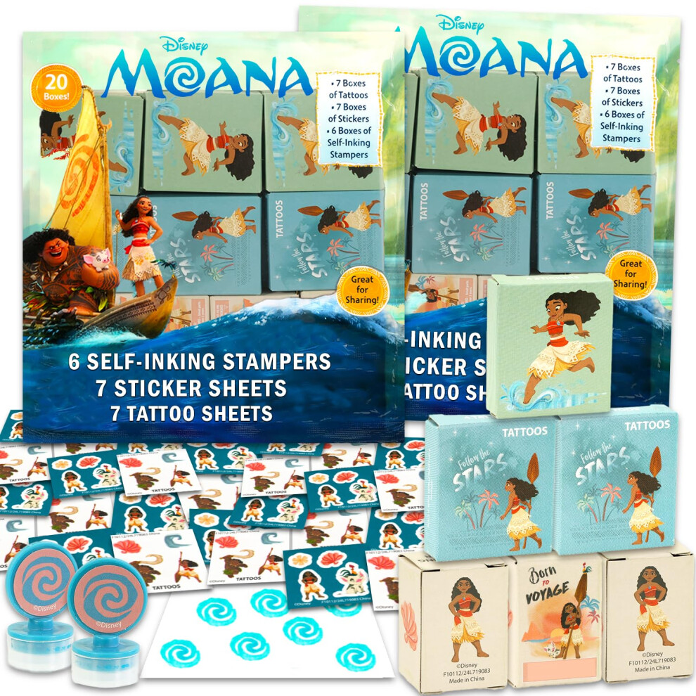 Disney Moana Holiday Party Favor Boxes Set - Bundle With 40 Moana Stickers, Tattoos, Stampers For Non-Candy Halloween, Trick Or Treat, More