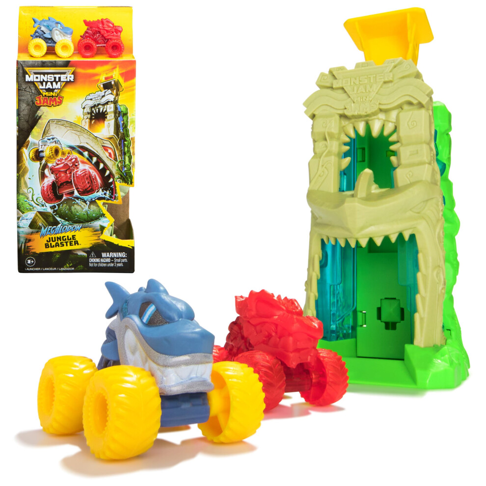 Monster Jam Mini Jams, Megalodon Jungle Blaster Launcher Playset, 2 Exclusive Die-Cast Monster Trucks & Accessory, Kids Toys For Boy And Girls Ages 3