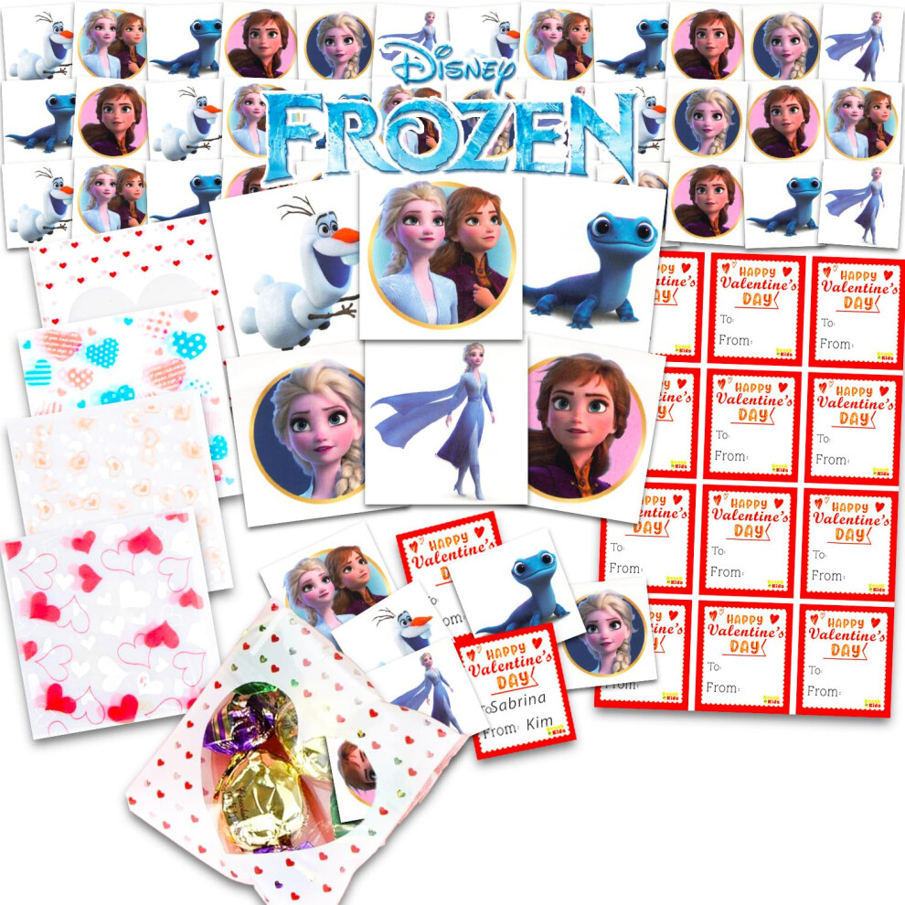 Disney Frozen Valentine's Day Classroom Gift Exchange - 24 Student Bundle With Frozen Temporary Tattoos, Goodie Bags, To/From Stickers For School Vale