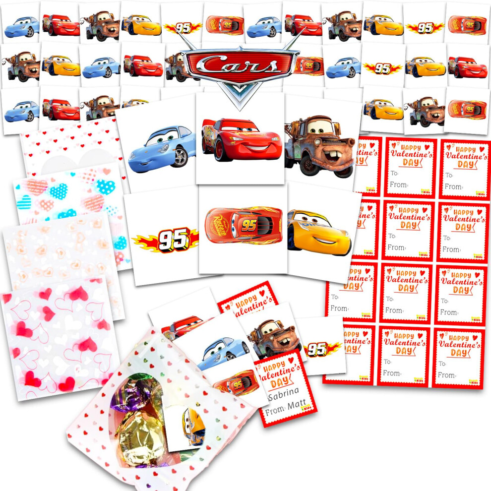 Disney Cars Valentine's Day Classroom Gift Exchange - 24 Student Bundle With Cars Temporary Tattoos, Goodie Bags, To/From Stickers For School Valentin
