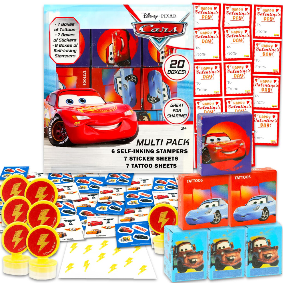 Disney Cars Valentine's Day Classroom Gift Exchange Set - Bundle With 20 Treat Boxes With Stickers, Tattoos, Stampers For Valentines Classroom Party |
