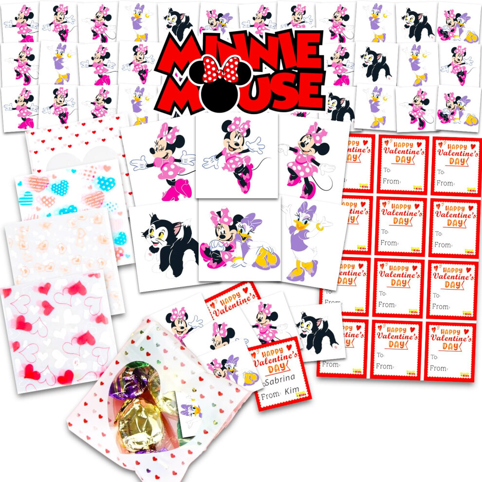 Disney Minnie Mouse Valentine's Day Classroom Gift Exchange - 24 Student Bundle With Minnie Temporary Tattoos, Goodie Bags, To/From Stickers For School Valen