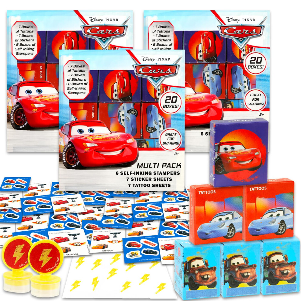 Disney Cars Party Favors Bulk Set ~ Bundle With 60 Pieces Lightning Mcqueen Favor Boxes With Stickers, Tattoos And Stampers For Kids Birthday Party |