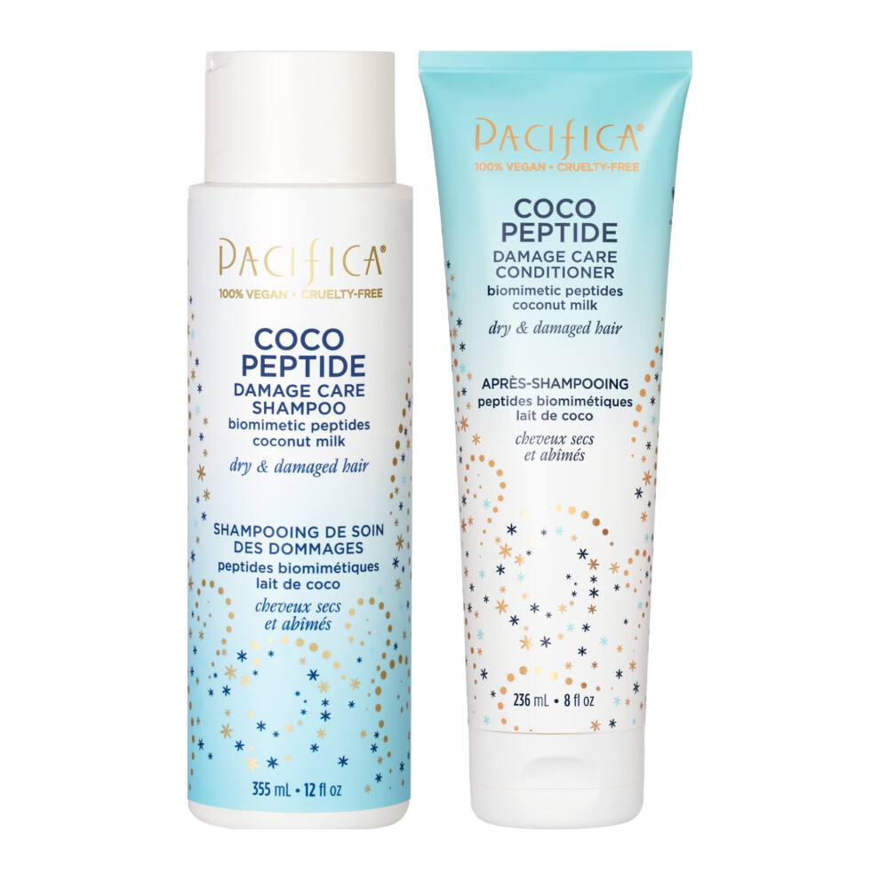 Pacifica Coco Peptide Damage Care Shampoo & Conditioner Set - Repairing Hair Care For Dry Damaged Hair Vegan Collagen & Peptides For Split Ends & Brea
