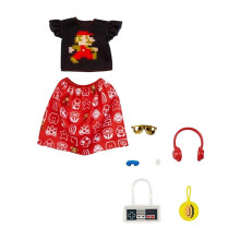 Barbie Mode-Set inspiriert von Super Mario: Grafik-Top, Rock & 6 Accessoires für Puppen, Geschenk für 3