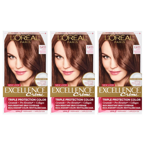 L'Oreal Paris Excellence Creme Haarfarbe, 6 Hellrotbraun, 100% Grauabdeckung, Packung mit 3