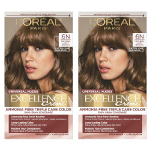 Coloración Permanente LOreal Paris Excellence Universal Nudes, 6N Marrón Claro Natural, 1 Kit (Paquete de 2)