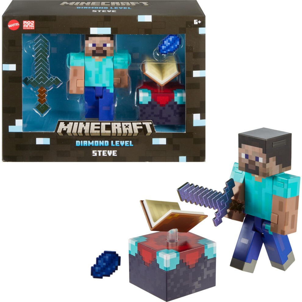 Mattel Minecraft Diamond Level Steve Action Figure With 3 Accessories, 5.5-In Collector Scale & Pixelated Design