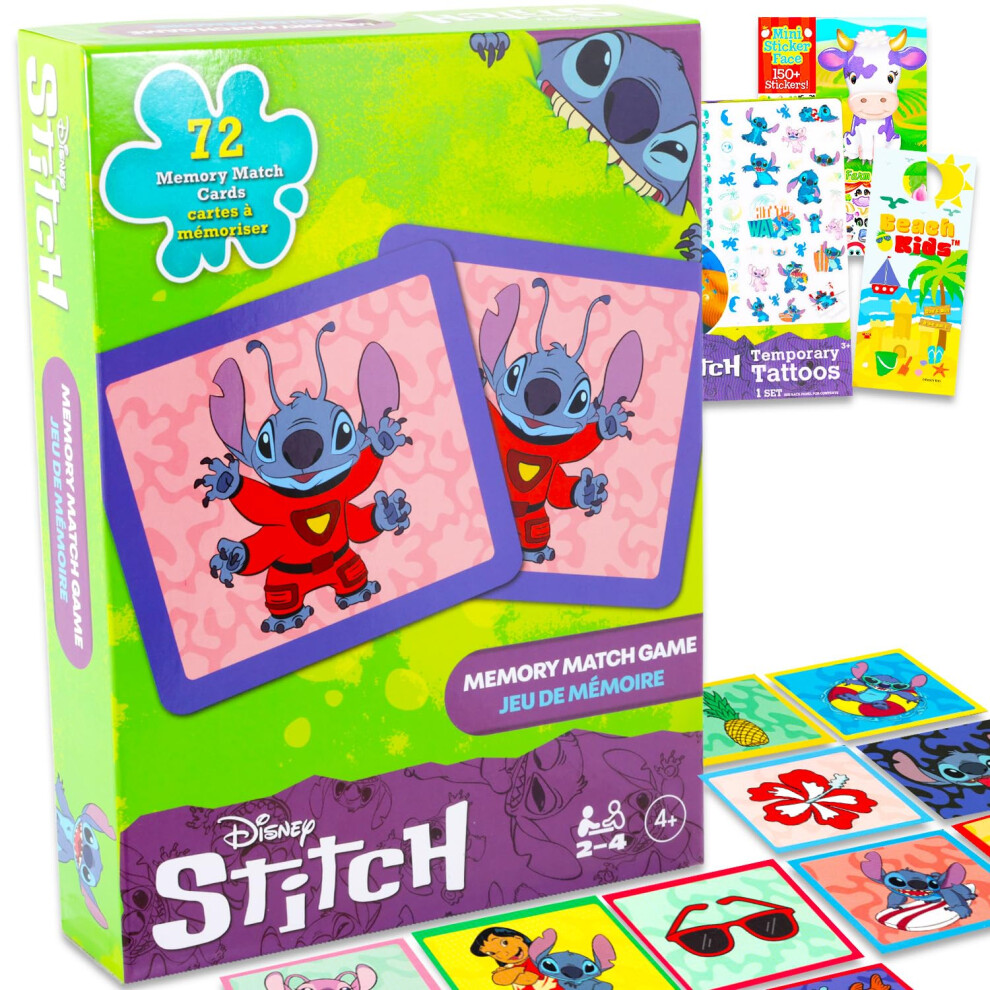 Disney Stitch Memory Matching Game Set - Bundle With Lilo And Stitch Matching Card Game For Kids Featuring Stitch Plus Sticker Book, Tattoos, More | S