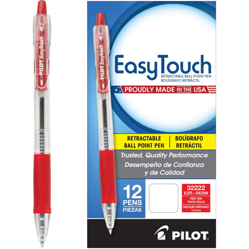 Pilot PILOT EasyTouch Refillable & Retractable Ballpoint Pens, Medium Point, Red Ink, 12-Pack (32222)