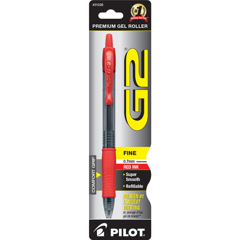 Pilot G2 Premium Refillable & Retractable Rolling Ball Gel Pen, Fine Point, Red Ink, Single Pen (31028)