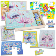 Stitch Holzpuzzle 5er Set - Stitch und Angel Puzzle Bundle mit Halter, Tattoos, Activity Book, Disney Spielzeug