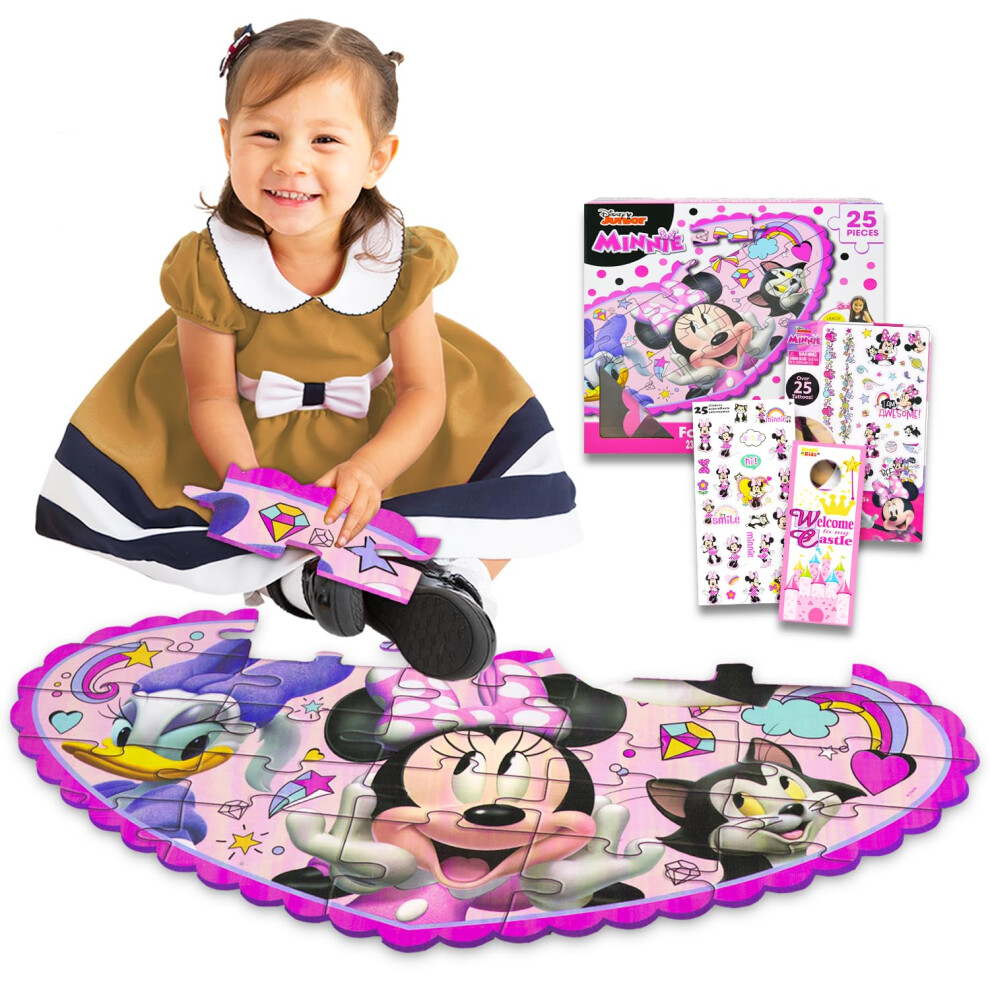 Disney Minnie Mouse Floor Puzzle Set - Bundle With 25 Pc Minnie Foam Floor Puzzle For Kids With Minnie Stickers, Tattoos, More | Minnie Mouse Jigsaw Puzzles