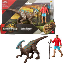 Mattel Jurassic World Rebirth Mensch & Dinosaurier Figurenpaket, Reuben Delgado & Parasaurolophus, 3,75 Zoll Sammelbar