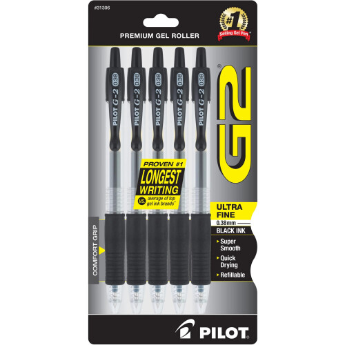 Pilot Stylo, Pilot G2 Gel Roller, Pointe Ultra Fine 0.38 mm, Pack de 5, Noir
