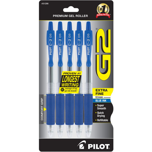 Pilot Stylo Gel Pilot G2 Premium, Pointe Extra Fine 0,5 mm, Pack de 5, Bleu