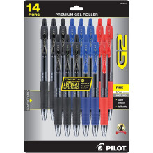 Pilot, G2 Premium Gel Roller Pens, Fine Point 0.7 mm, Blue, Black, Red, Pack of 14