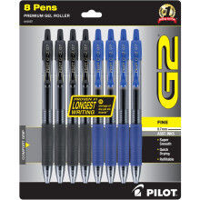 Pilot, G2 Premium Gel Roller Pens, Fine Point 0.7 mm, Blue, Black, Pack of 8