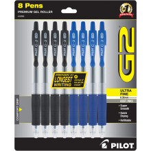 Pilot, G2 Premium Gel Roller Pens, Ultra Fine Point 0.38 mm, Pack of 8, Black & Blue